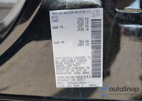 2024 Nissan Altima Sv Fwd z USA, uszkodzony, nr VIN 1N4BL4DVXRN366342